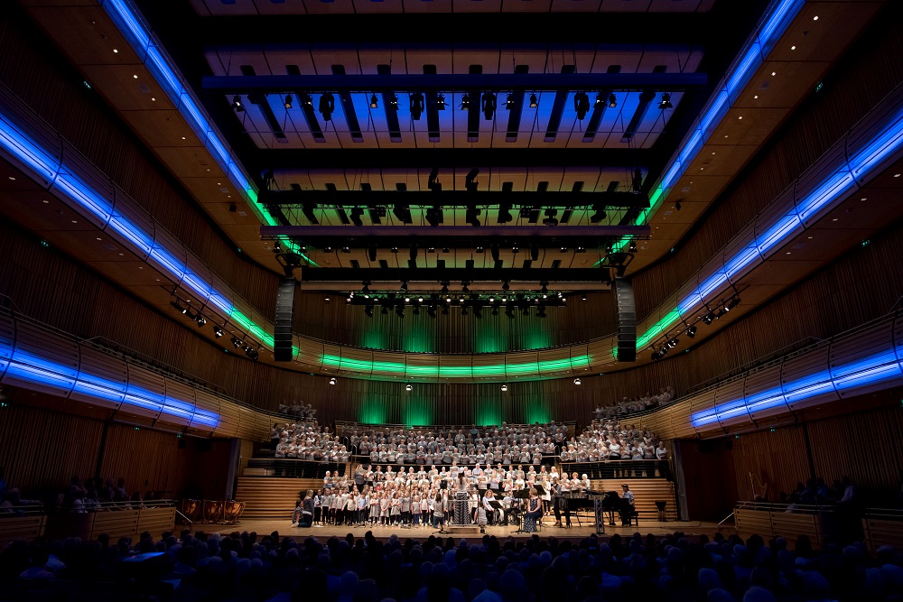 View of stage with beautiful blue and green lighting effects.