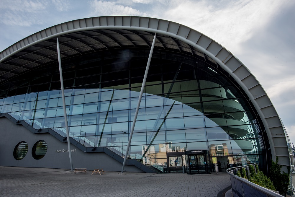 Entrance to Sage Gateshead, daytime.