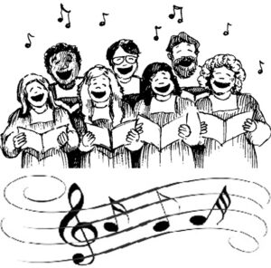 A group of 7 men and women sing. They are smiling